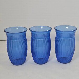 Hazel Atlas Cobalt Blue Fine Rib Glass Flat Tumblers Set of 3 Depression Glasses